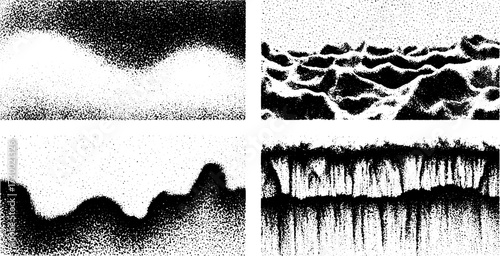 Black and white abstract pattern with varying textures and shapes. Dots create a smooth gradient in this vector illustration set.