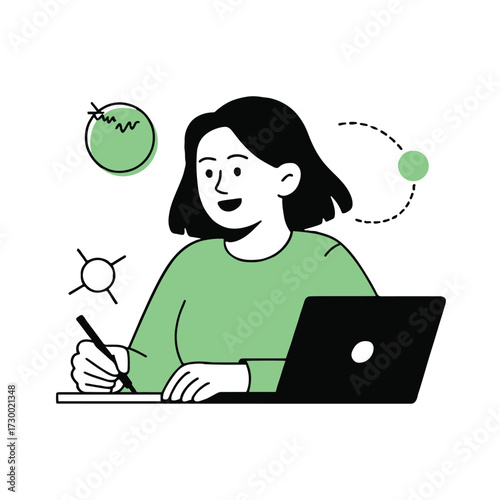 Vector art of a woman is working on her laptop and writing notes, she is focused and creative, generating new ideas