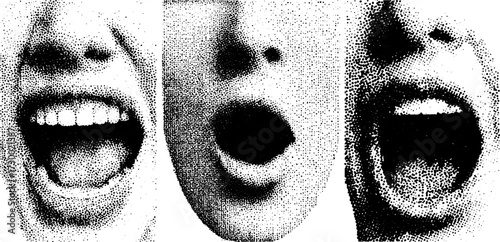 Close-up of mouths expressing vocalizations. Monochrome vector illustration showcasing detail and contrast in a dynamic set.