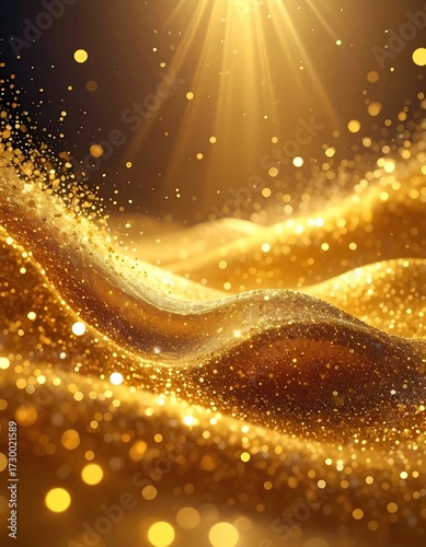 Abstract gold glitter waves with light rays