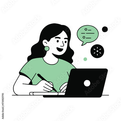 Vector art of focused woman working on a laptop, managing settings, and optimizing performance for a seamless experience