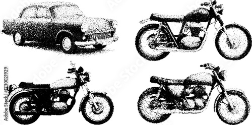 Classic car and motorcycle set in a flat vector illustration. Simple black and white vehicles showcase various models and styles.