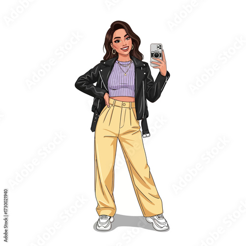 Woman in jacket and pants holding phone standing against white background.