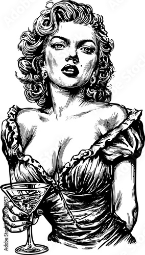 Vintage woman illustration with elegant hairstyle holding a drink. Black and white vector set showcasing sophisticated beauty and style.