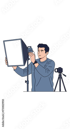 Man holding camera with softbox light and tripod in a studio setting.