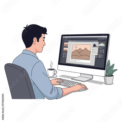 Person using a computer at a desk with plant and coffee cup.