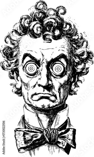 Vintage man illustration with curly hair and a curious expression. Black and white graphic vector illustration of an eccentric character.
