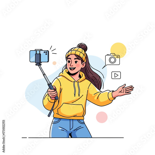 Woman with selfie stick recording video in a studio with abstract shapes.