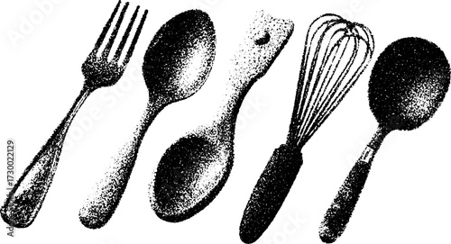 Set of kitchen utensils: spoon, fork, and whisk in black design. Hand-drawn vector illustration showcasing various cooking tools.