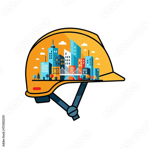 Yellow hard hat with city skyline illustration on a white background.