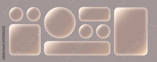 Gold glass button interface, light frame banner set, glass panel set for mobile and web app, tech board frame in futuristic style. Light png banner collection with glow effect, vector illustration.