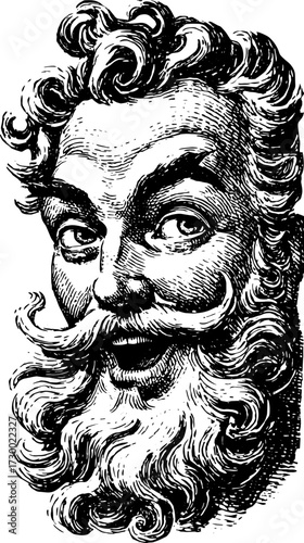 Vintage man with a beard and humorous expression. Hand-drawn vector illustration in black and white, showcasing detailed character features.