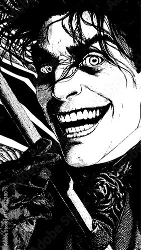 Character illustration of Joker from Batman in a black and white graphic style. Depicts a creepy smile and intense expression in detailed vector format.