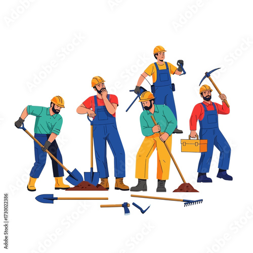 Group of construction workers with tools in a construction site illustration.