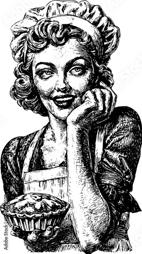 Baker woman holding a pie in a classic retro vector illustration. The detailed black and white art emphasizes traditional cooking and culinary craftsmanship.