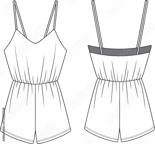 Flat technical fashion sketch of women’s romper with spaghetti straps, elastic waist, front and back view, CAD vector illustration