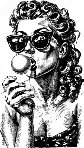 Stylish woman chewing bubble gum and wearing sunglasses. Vintage vector illustration with a retro vibe, featuring a unique art style.