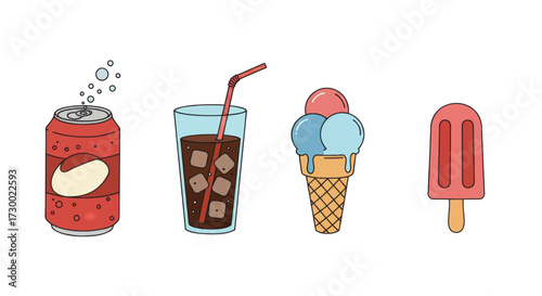 Refreshing summer treats fizzy drink in a can, ice-cold cola with ice cubes and straw, and two frozen desserts like ice cream and popsicle