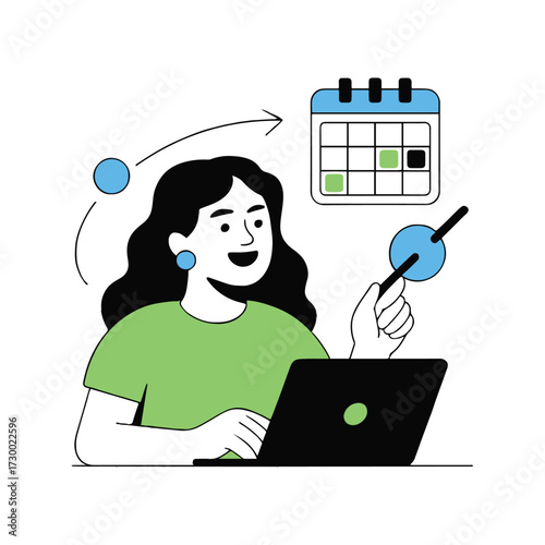 Vector art of a woman is planning her schedule on a laptop, using a calendar to mark important dates and deadlines she is focused and organized
