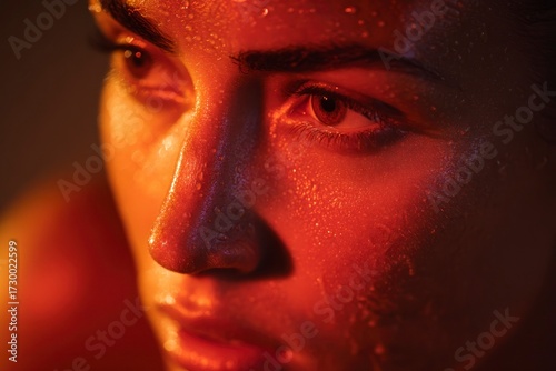 Intense portrait of young woman sweating during infrared workout. Concept: infrared heat, fitness trend, detox sweat, muscle recovery.