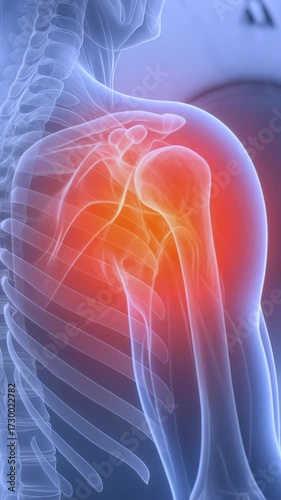 3D medical scan of human shoulder with joint pain. Skeleton Injury, arthritis, inflammation, and orthopedic diagnostics with advanced technology. Medicine, healthcare innovation, anatomy visualization
