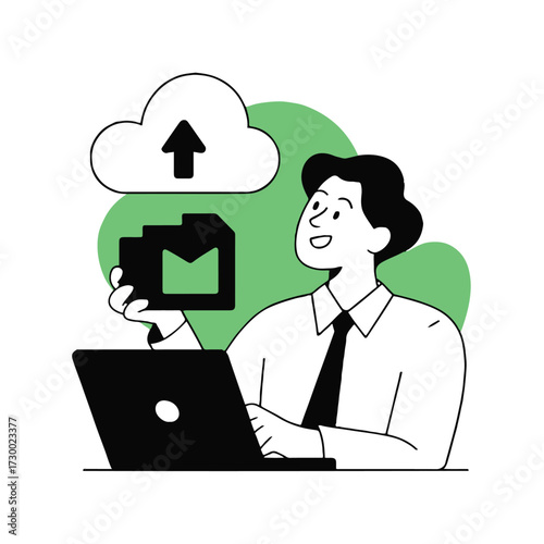 Vector art of a man in a white shirt and tie is uploading a file to the cloud using his laptop he is smiling and looking at the file