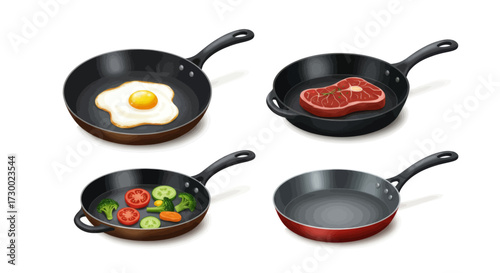 Set of four realistic illustrations of frying pans with food and empty pans