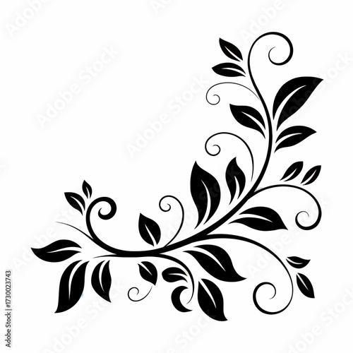 Elegant Corner Flourish Design with Black Leaves and Swirling Branches for Invitations and Decorations on White Background Vector Illustration