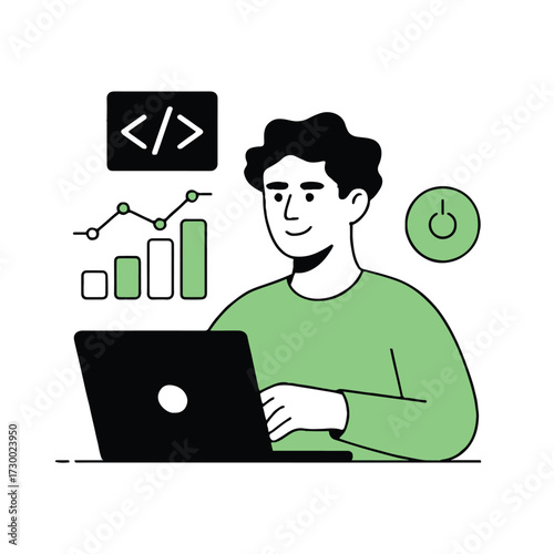 Vector art of a focused man is working on his laptop, surrounded by digital elements, he is coding and analyzing data