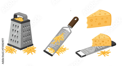 Set of cheese graters with shredded cheese and cheese wedges, isolated on white background, vector EPS illustration