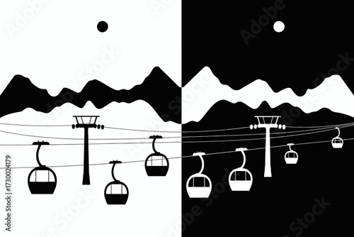 Monochromatic Gondola Lift Silhouette Against Mountains and Sky Illustration Split Image for Design Projects Modern Art