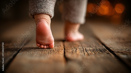 A toddler takes its first steps on a rustic wooden floor with soft light in the background at home now.