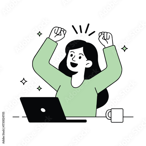 Vector art of a woman is celebrating success with her laptop, she is happy and excited about her achievement and looks very energetic