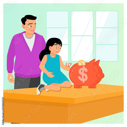 Investing for a happy future concept. Young father and daughter sitting at the table.