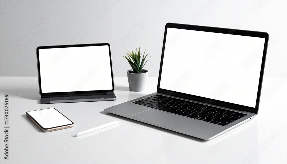 Fototapeta premium Digital Workspace Mockup Laptop, Tablet, and Smartphone on Clean Surface