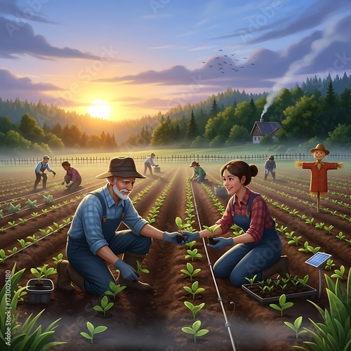 Rural Community Planting Crops Together.