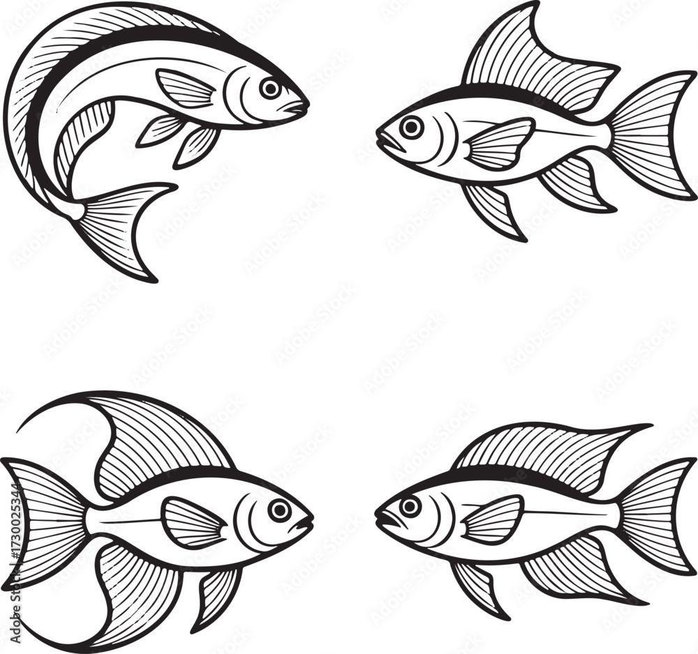 Fototapeta premium Set of Fish Outline vector illustration isolated On Transparent Background