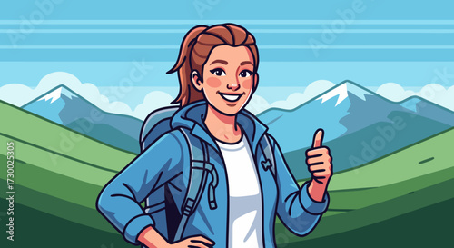 A happy woman with a backpack giving a thumbs up, ready for an outdoor adventure in a scenic mountainous landscape, embodying a spirit of exploration and travel