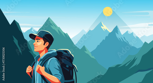 Man with backpack looking at the sun setting over majestic mountains, enjoying the serene natural landscape and sense of adventure on a clear day