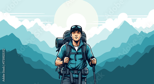 Adventurous Hiker with Backpack and Trekking Poles Ascends a Majestic Mountain Range Under a Radiant Sun and Clear Sky, Embarking on a Thrilling Outdoor Expedition