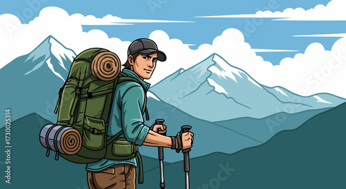 A smiling hiker with a backpack and trekking poles stands on a mountain path, ready for an adventure amidst stunning snowy peaks under a clear sky