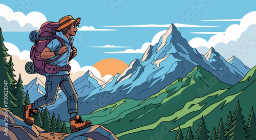 A hiker with a backpack ascends a mountain trail with a scenic vista of sun-drenched peaks and verdant valleys under a clear blue sky
