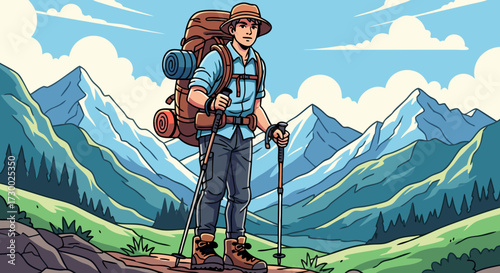 An adventurer stands on a mountain trail with hiking poles, wearing a backpack and boots, surrounded by scenic mountain ranges under a bright blue sky