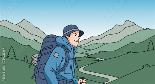 A determined hiker, equipped with a large backpack and walking stick, ascends a winding trail through a scenic, mountainous landscape under a clear sky