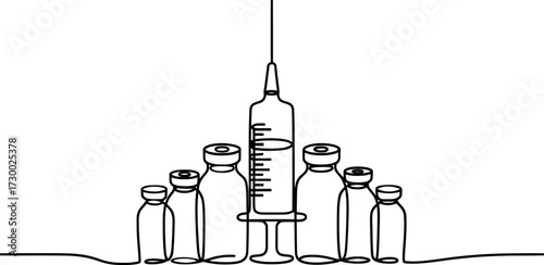Medical syringe and vials line art graphic