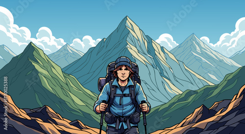 Venture into the Majestic Peaks A Hiker's Ascent Through a Breathtaking Mountain Landscape Under a Clear Blue Sky