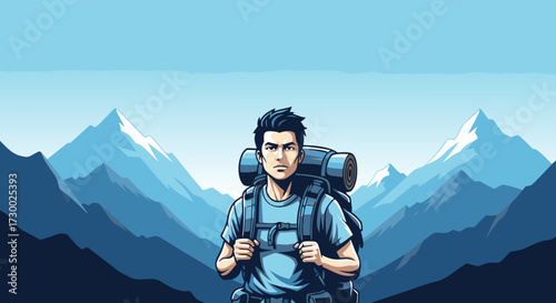 A young man with a backpack stands on a mountain peak, enjoying the scenic view of snow-capped mountains under a clear sky, embodying adventure and outdoor exploration