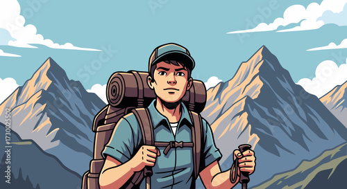 Adventurous hiker with trekking poles and a backpack stands against a backdrop of majestic mountains under a clear blue sky, ready for an outdoor expedition