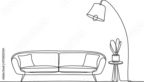 Simple sofa lamp plant interior line drawing