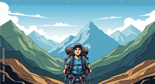 A solitary hiker ascends a breathtaking mountain range, embracing the tranquility and grandeur of nature on an adventurous journey through scenic peaks